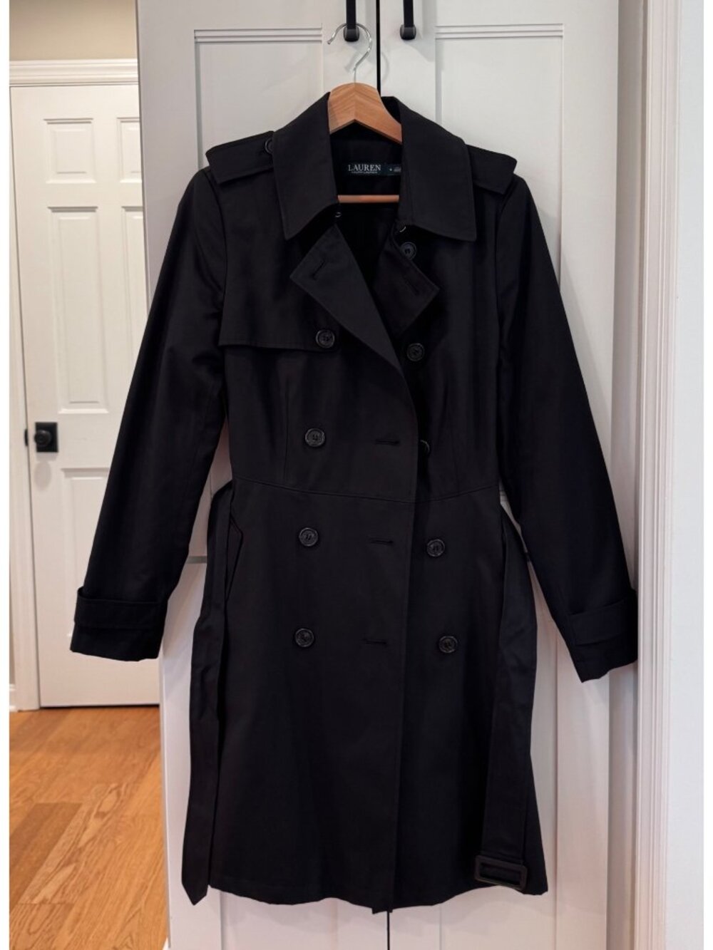 Lauren Ralph Lauren Womens Size Small Belted Black Trench Coat Double Breasted